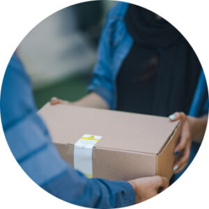 Delivery worker handing off package, tracked by VeriClock’s mobile time and location logging system.