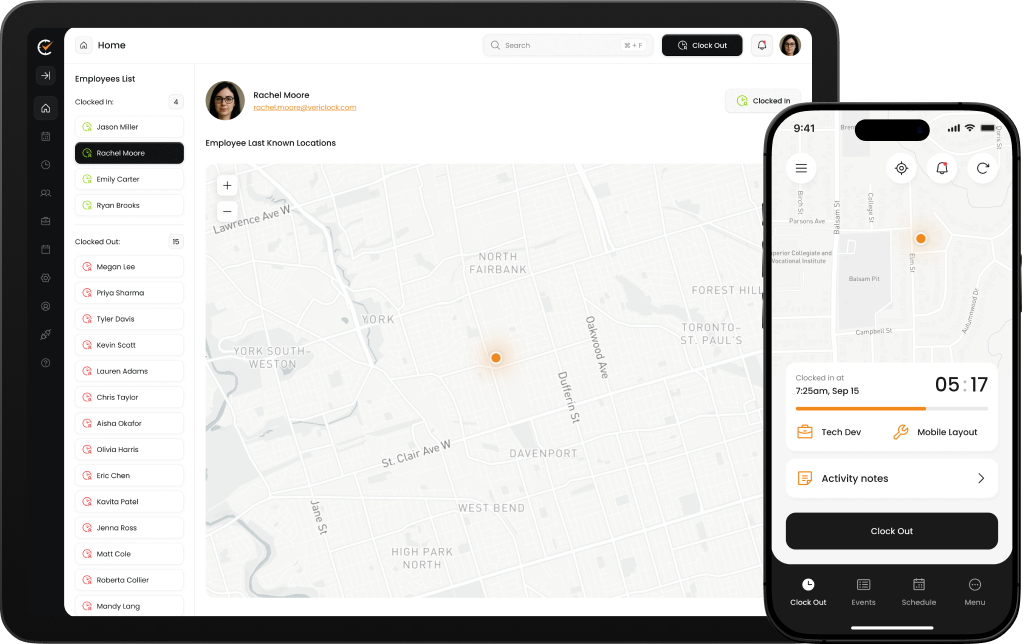 VeriClock mobile and desktop interface showing live employee location and clock-in details.