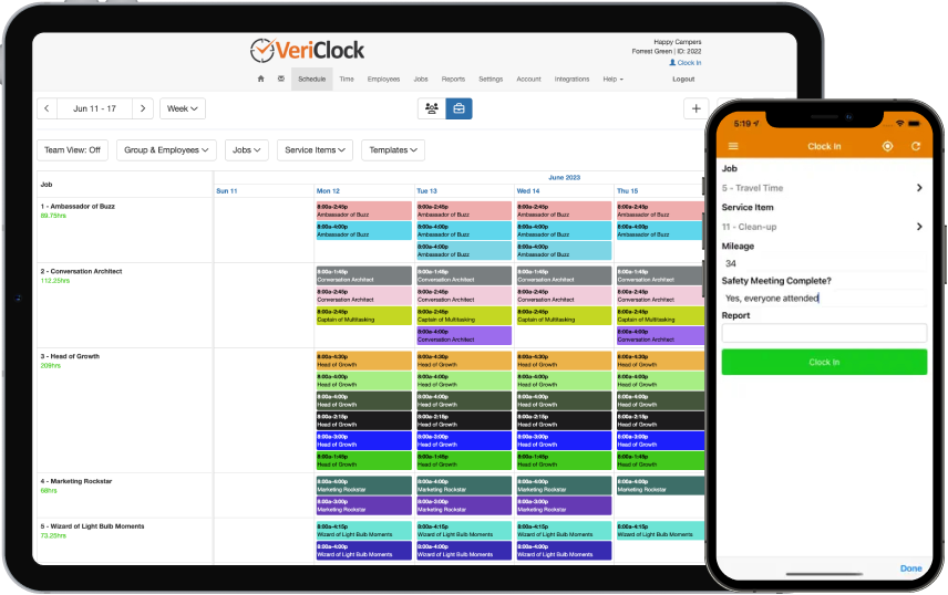 VeriClock’s job scheduling dashboard with mobile time tracking and safety checklist for field teams.