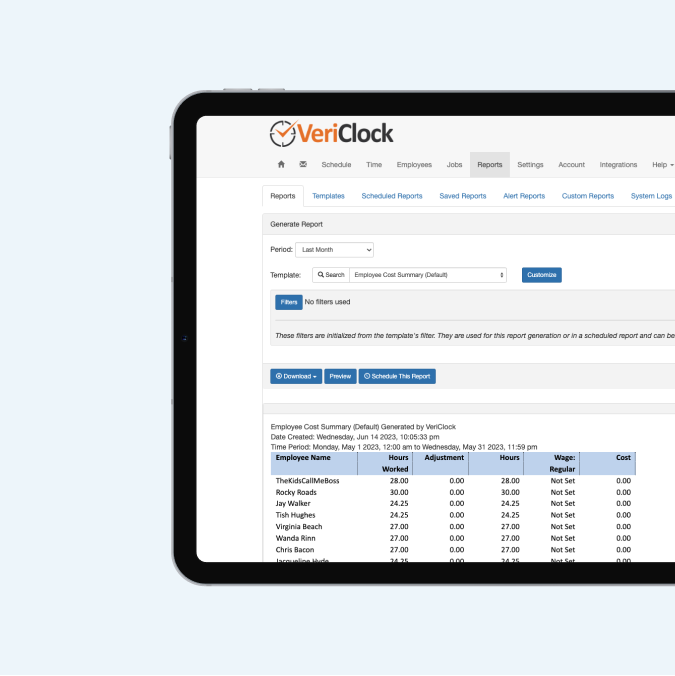 VeriClock cost summary report showing employee hours worked and wage tracking by job.
