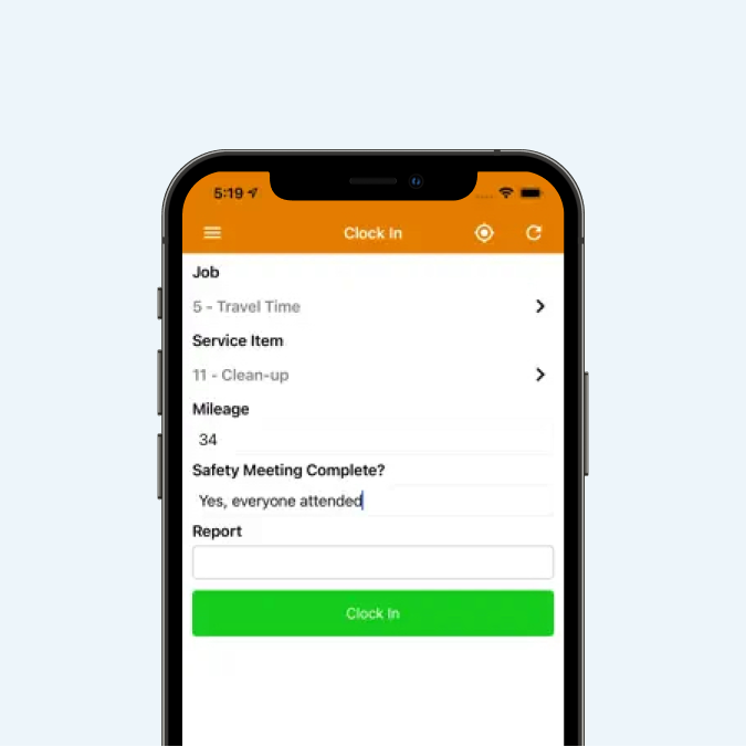 Clock-in screen on VeriClock mobile app with job, mileage, and safety meeting confirmation fields.
