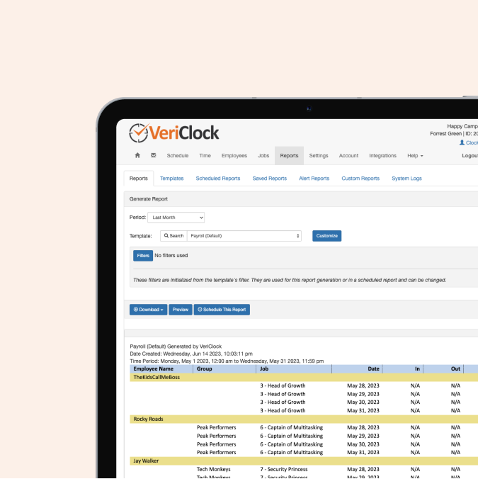 Payroll report in VeriClock showing job roles, employee groups, and time entries by date.